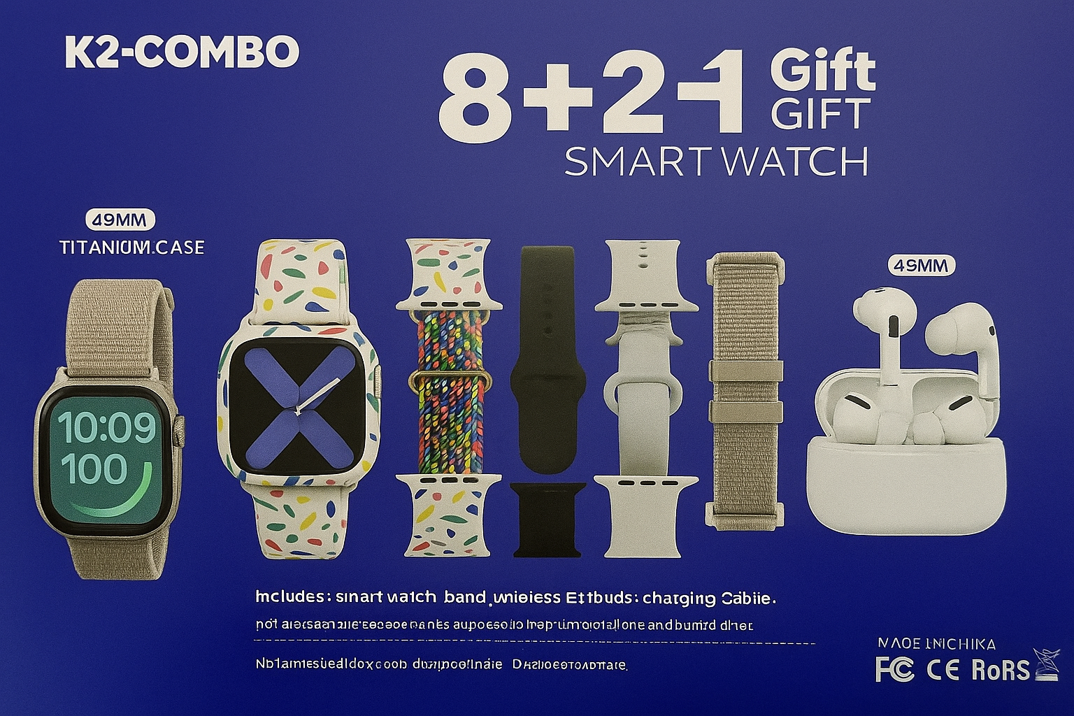 Combo Inteligente Smartwatch - 2 Reloj + Audifonos + 8 Pulsos